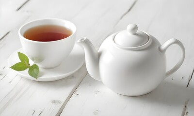 Fototapeta premium A white ceramic teapot and a cup of tea on a wooden table