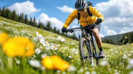 Fototapeta premium mountain biker in yellow jacket rides through field of flowers, enjoying sunny day. vibrant landscape enhances sense of adventure and freedom