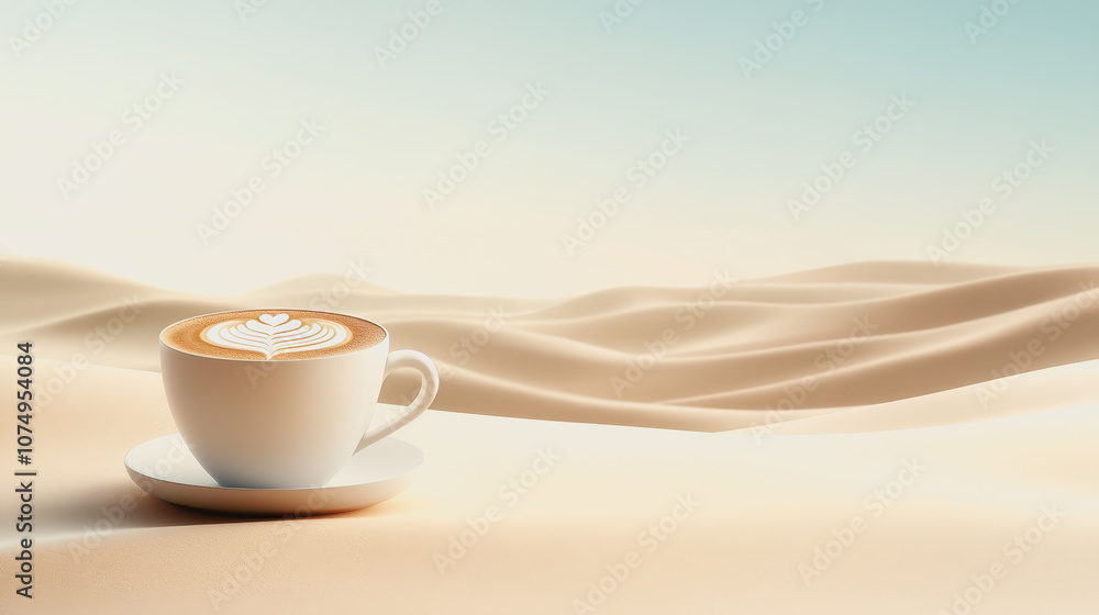 Poster serene coffee cup with latte art set against a smooth gradient background, creating a calming visual