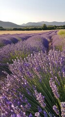 A tranquil lavender field in full bloom as dusk settles over the mountains in the background