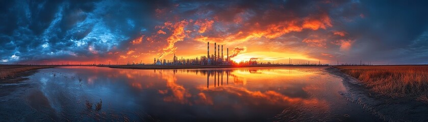 Obraz premium Stunning Industrial Landscape with Dramatic Sunset Reflections Over Calm Water and Vibrant Sky