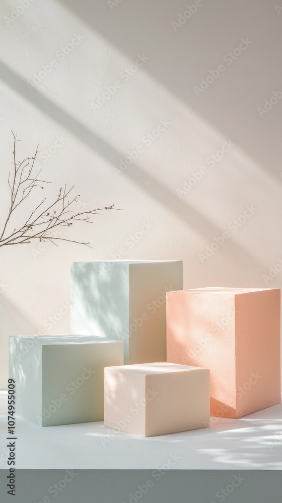 Poster a white wall with four cubes of different colors and a branch in the foreground