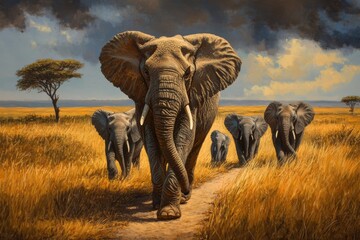 Fototapeta premium A Family of Elephants Walking Through the Savanna