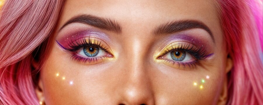 A close-up of eyes with vibrant, colorful makeup in shades of purple, pink, and yellow, framed by pink hair. The makeup sparkles with subtle glitter, adding a whimsical, artistic touch