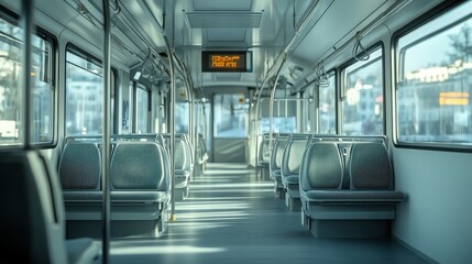 Obraz premium Modern Urban Tram Interior with Empty Seats and Sunlight Streaming Through Windows in a City Setting