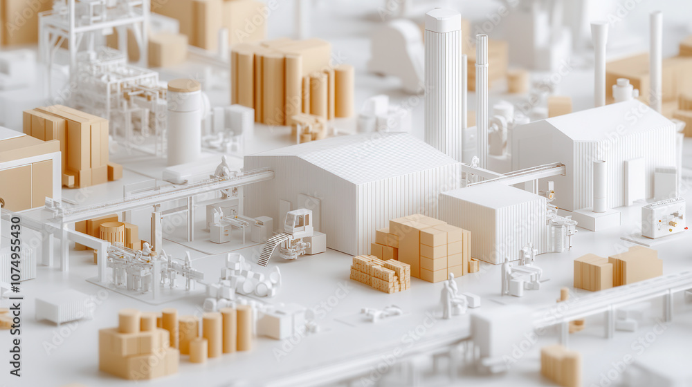 Poster minimalist factory layout with white and beige structures, showcasing industrial elements and storag