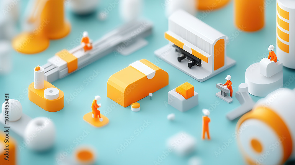 Poster minimalist factory scene with orange and white elements, showcasing machinery and workers in stylize