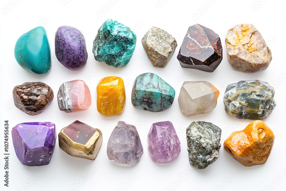 Poster a collection of various colorful gemstones and minerals displayed on a white background showcasing t