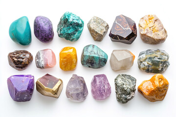 A collection of various colorful gemstones and minerals displayed on a white background showcasing their unique shapes and textures. Generative AI