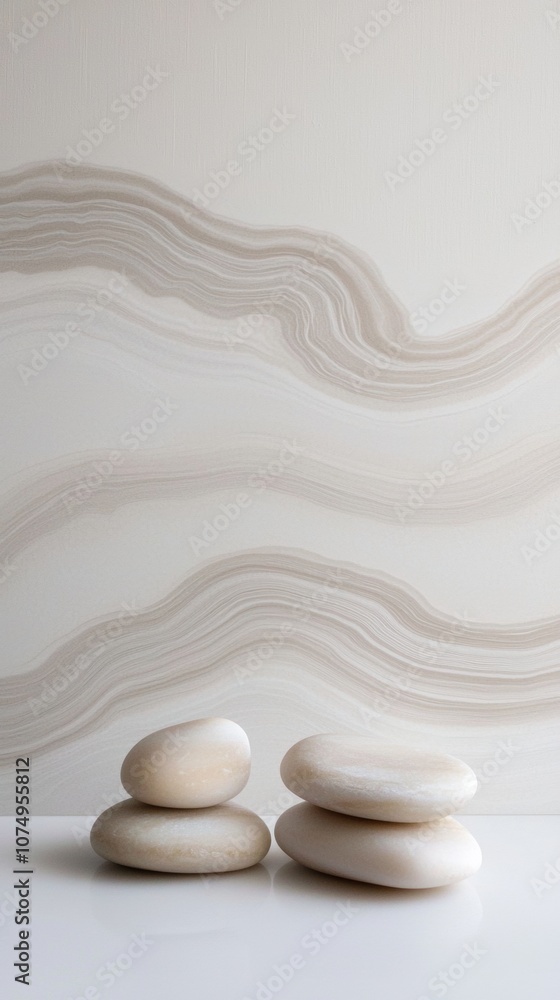 Poster a white wall with a wave pattern and a stack of white rocks on top of it