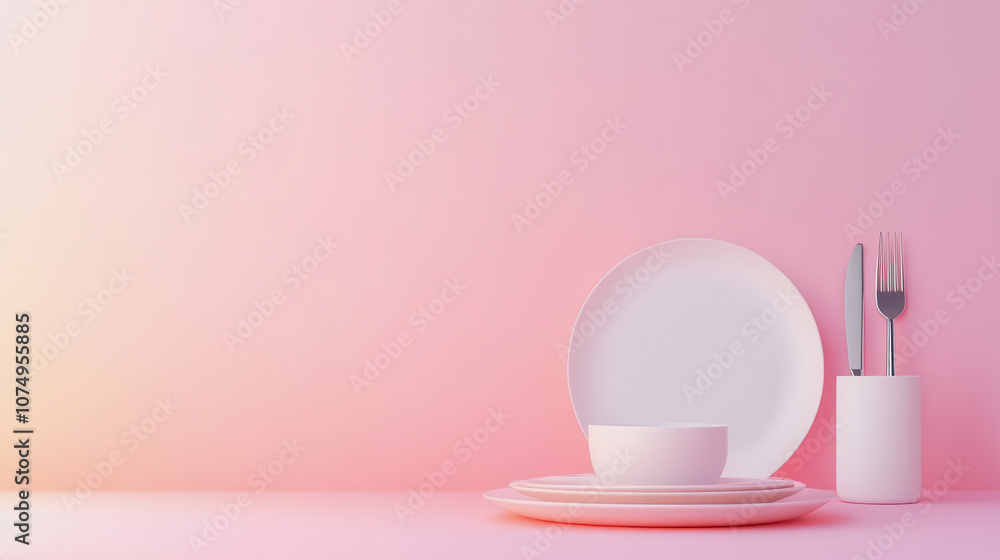 Poster elegant dinner setting in on smooth gradient background featuring minimalistic tableware and flatwar