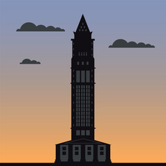 Black old temple on the background of sky and gray clouds. Vector