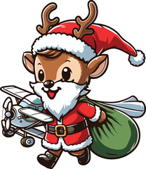 a little reindeer in a Santa costume, carrying a toy plane