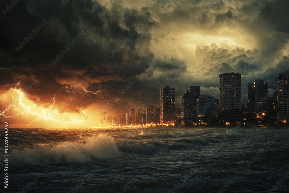 Poster Dark clouds gather above the shoreline as waves crash and lightning strikes illuminate the skyline of the coastal city. Generative AI