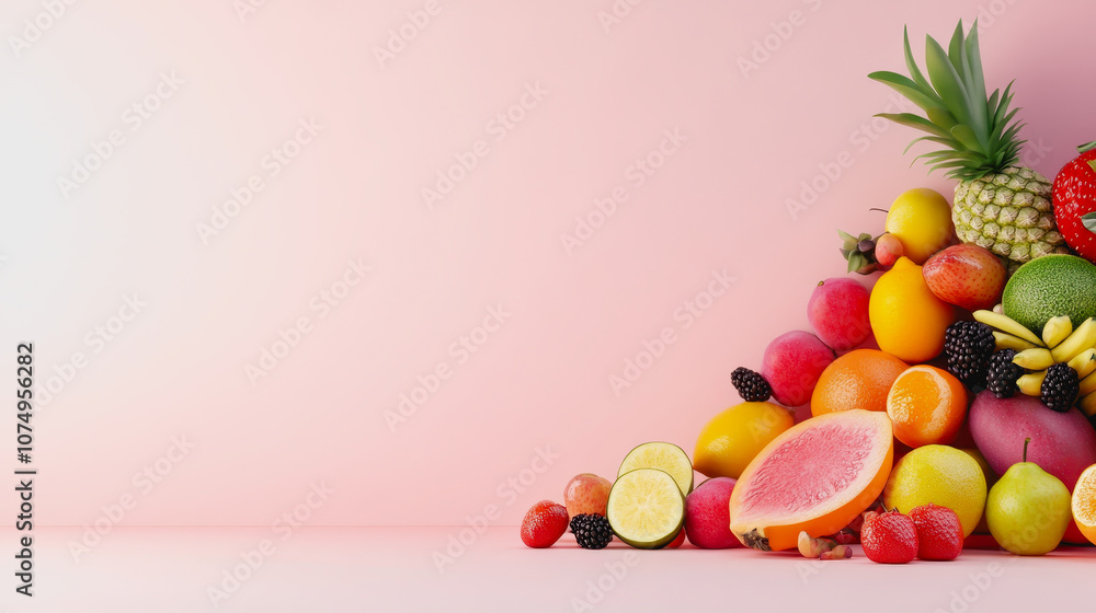 Poster fresh and vibrant assortment of fruits with a smooth gradient background suitable for various creati
