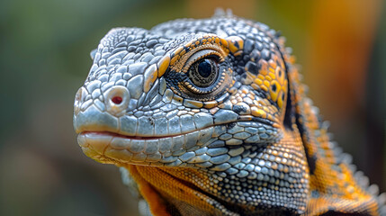 Fototapeta premium Close-up of an Amazon Tegu Lizard head, its eyes and scales detailed with a blurred background providing