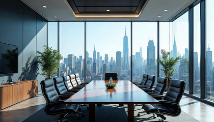 Modern boardroom with NYC skyline view, sleek decor, and professional ambiance.

