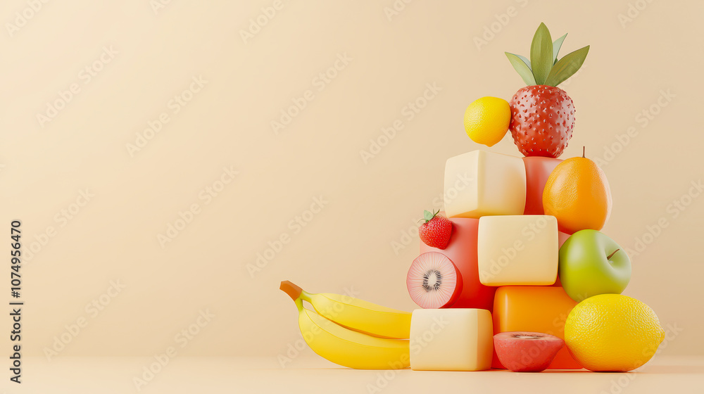 Poster fresh assortment of colorful fruits arranged in a creative stack against a smooth gradient backgroun