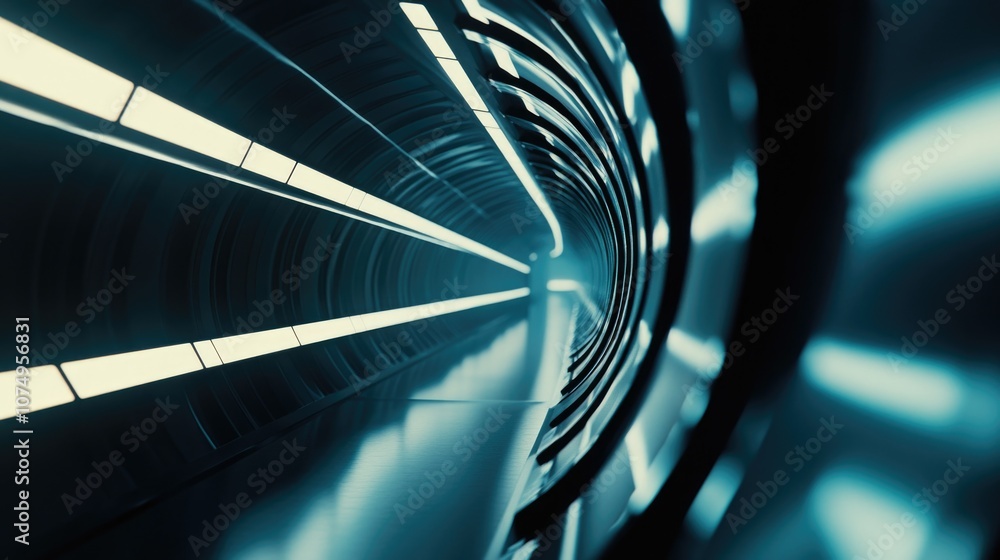 Poster the image depicts a high-tech, futuristic space tunnel with neon lights and advanced technology. it 