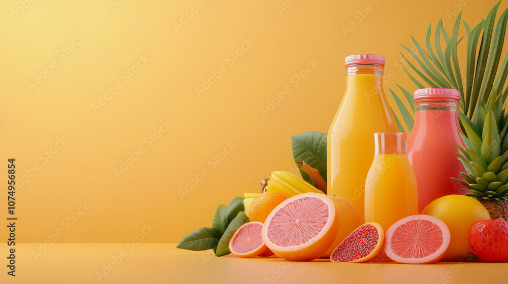 Poster vibrant of fresh juices surrounded by colorful fruits on a smooth gradient background perfect for su