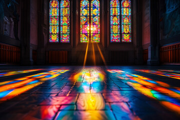 Generative AI Image of Colorful Stained Glass Windows Illuminating a Church Interior