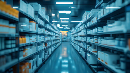 A modern pharmacy interior showcasing neatly arranged shelves filled with various medicine boxes in a bright environment.