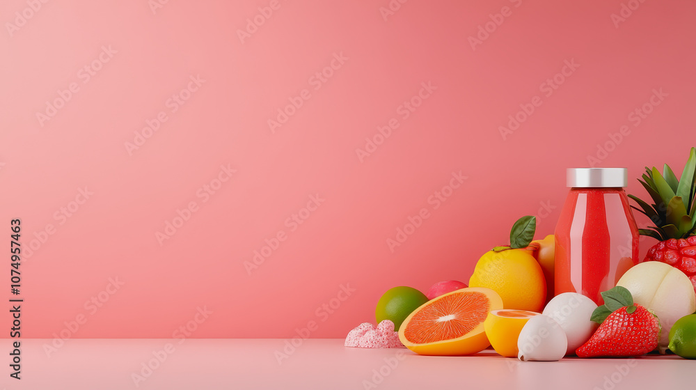 Poster fresh ingredients on a smooth gradient background featuring various fruits and a beverage in arrange
