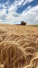 Fototapeta premium Golden Kansas wheat fields under a bright blue sky being harvested by a tractor in late afternoon light