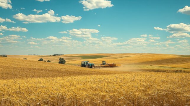 A vibrant Kansas wheat field under a sunny sky with a tractor working the land during late afternoon hours