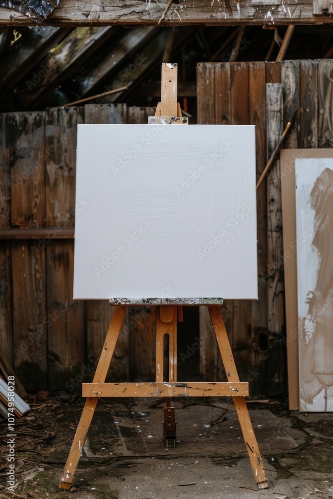 Poster studio setup with a blank canvas on an easel, surrounded by painting supplies in a rustic wood build