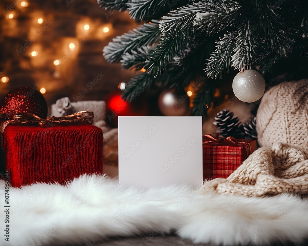 Poster merry christmas setup with decorative presents and blank card under the lit tree : generative ai