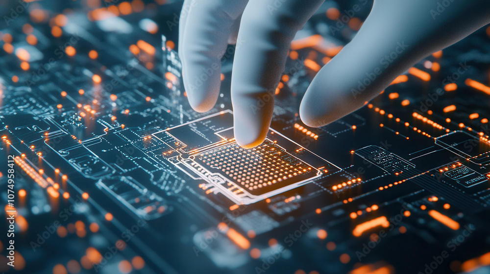 Poster close up of gloved hand inspecting microchip on circuit board, showcasing intricate details and tech