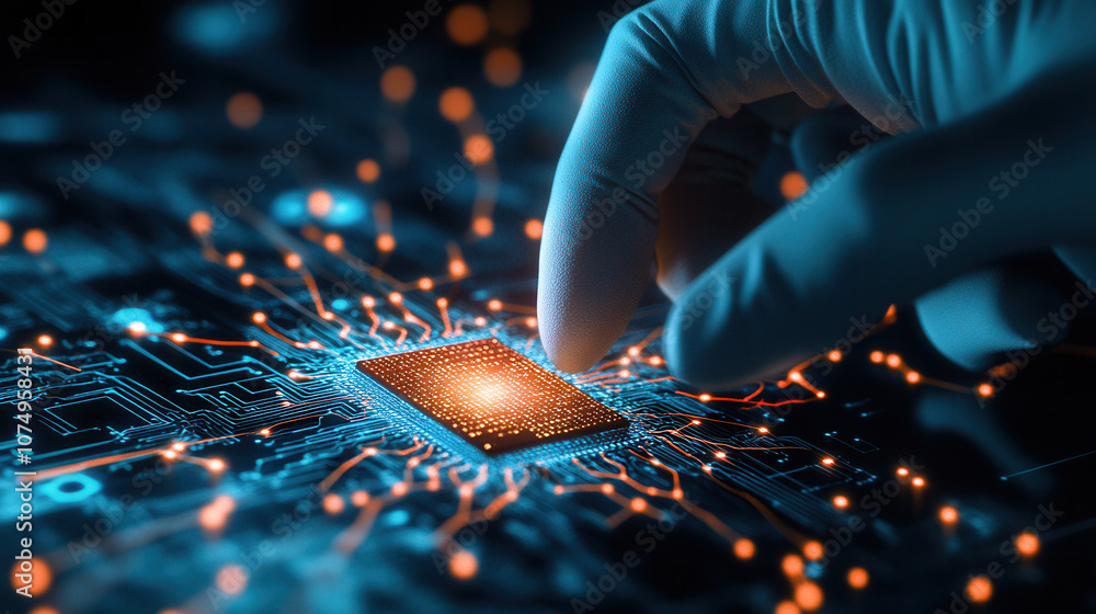 Poster close up of gloved hand inspecting microchip on circuit board, showcasing technology and precision. 