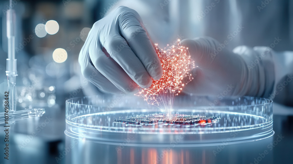 Poster gloved hand inspects microchip, showcasing intricate technology and innovation in laboratory setting