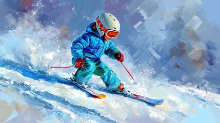 A child in a colorful snowsuit skiing downhill, wearing skis and a helmet for safety.