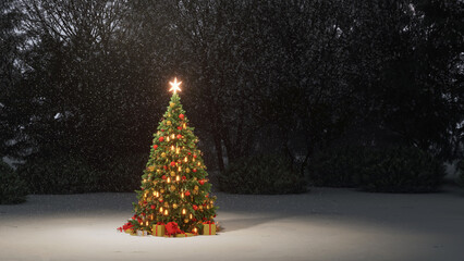 Decorated Christmas tree with gifts under it, outdoors in the evening under the snow. 3d render