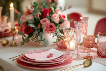 Elegant Valentine's Day table setting with pink roses and decorative glassware in a cozy dining room. Generative AI