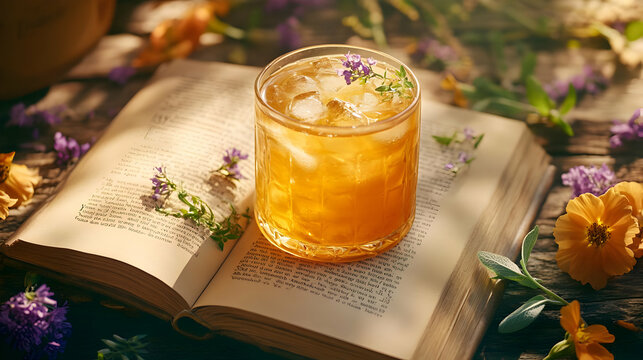A refreshing summer cocktail on an open book surrounded by vibrant flowers, ideal for relaxation and enjoyment.