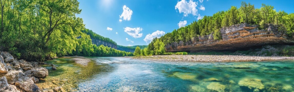 A tranquil afternoon at Buffalo National River showcasing lush greenery, clear waters, and rocky formations under a bright blue sky
