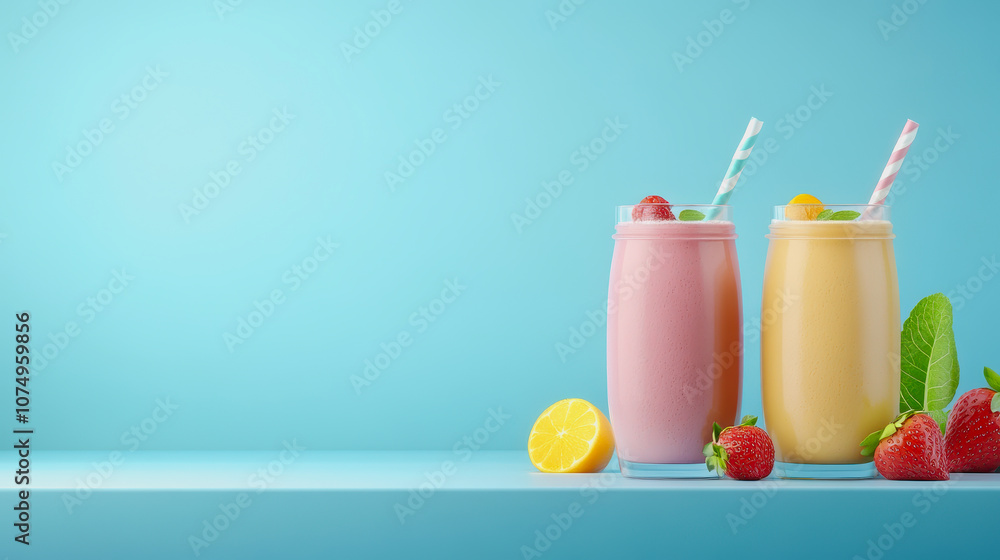Poster refreshing healthy smoothies in clear glasses on a smooth gradient background with straw and fruits 