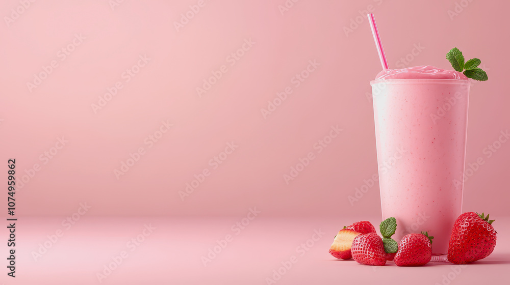 Poster refreshing and delicious strawberry smoothie in a clear cup on a soft pink gradient background with 