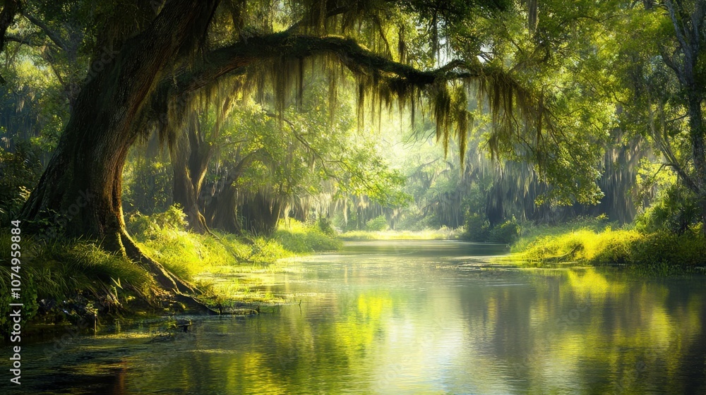 Poster a tranquil morning at bayou pierre with sunlight filtering through lush trees and reflections on cal