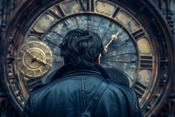 Obraz premium Generative AI Portrait of a Fantasy Time Traveler Contemplating Antique Clock Mechanism