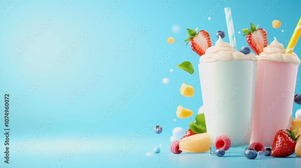 Aufkleber refreshing and healthy smoothies in colorful glasses on a smooth gradient background with fruit and 