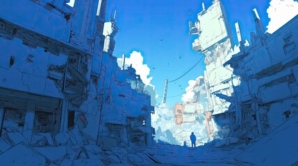 Fototapeta premium A solitary figure walks through a desolate cityscape of ruined buildings and debris
