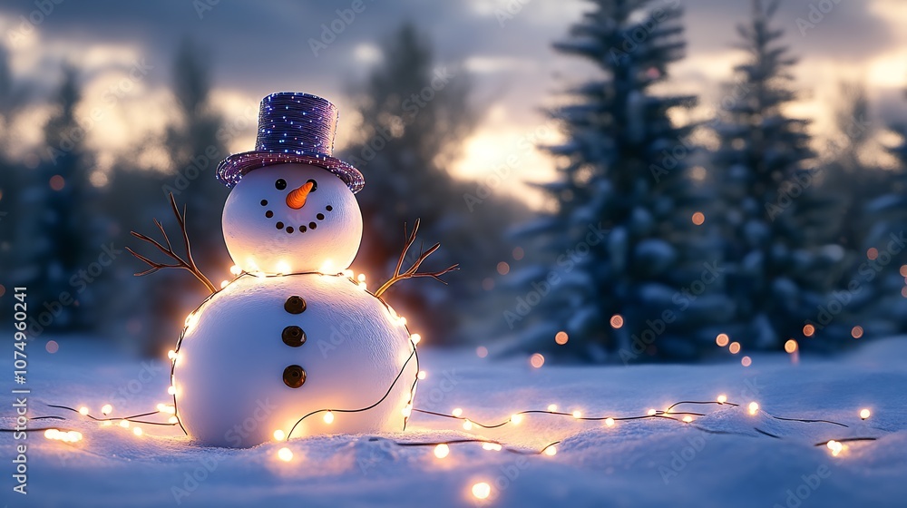 Poster charming snowman in twinkling lights surrounded by snowy pines at dusk : generative ai