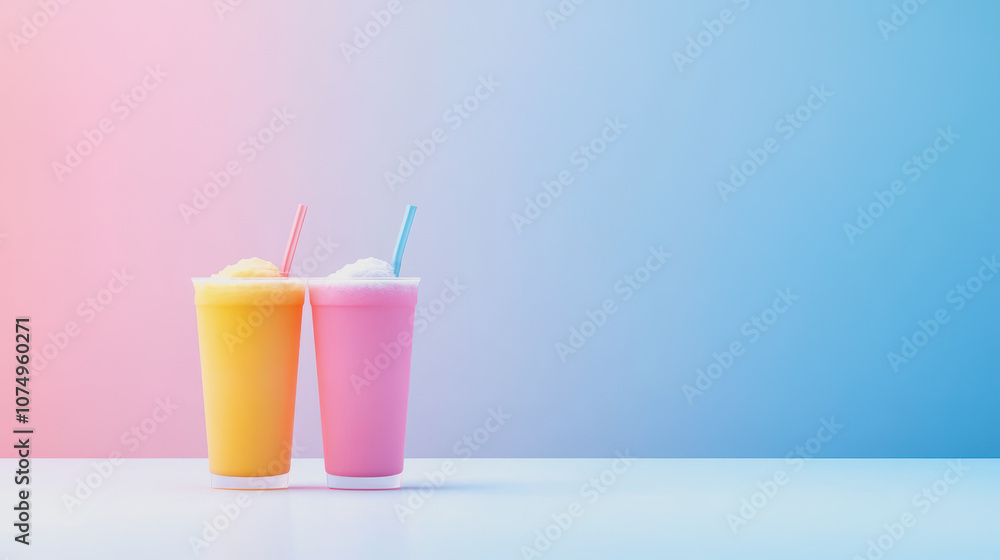 Poster aesthetic of two iced beverages in yellow and pink cups with straws on a smooth gradient background 