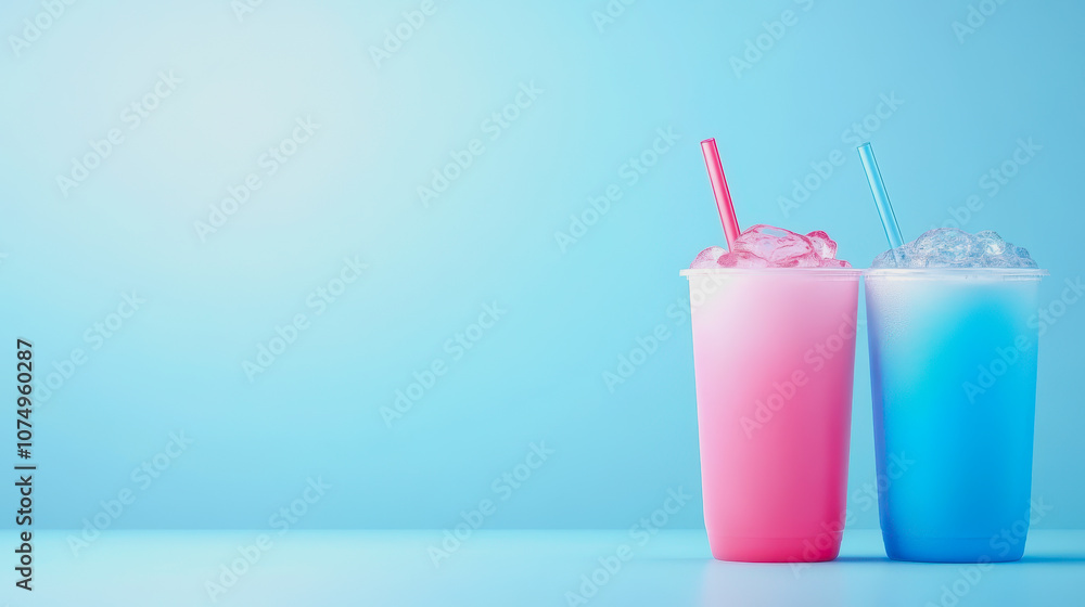 Poster refreshing iced beverages served in vibrant colored cups with straws on a smooth gradient background