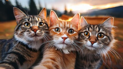 Funny cats taking a selfie with blurred background, cute and playful pet interaction captured

