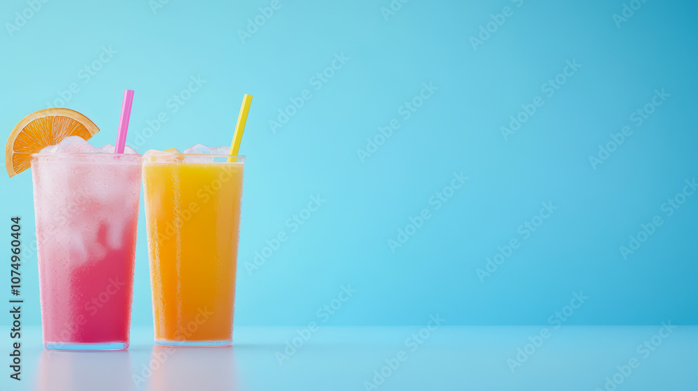 Poster refreshing iced beverages in vibrant colors on a smooth gradient background ideal for summer themes 